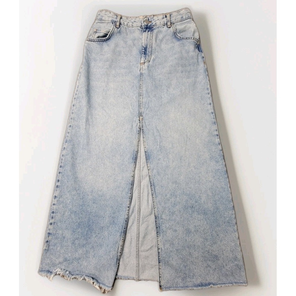 Pilcro Women's Denim Skirt Maxi Light Wash Front Slit Raw Hem UK 14 US 10